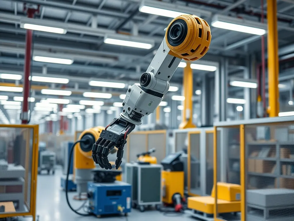Industrial robotic arm in a clean modern factory, high-tech