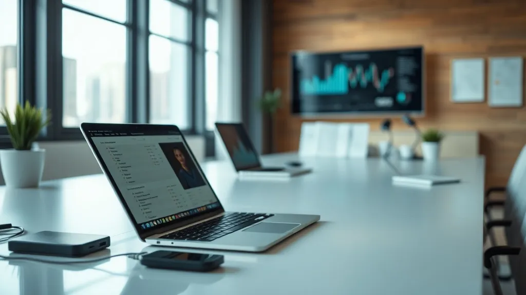 A close-up high-quality photo of a modern office desk with a