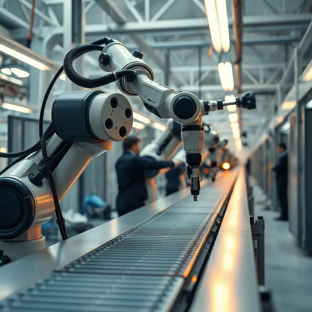 High-tech industrial robotic arm working on a precise assemb